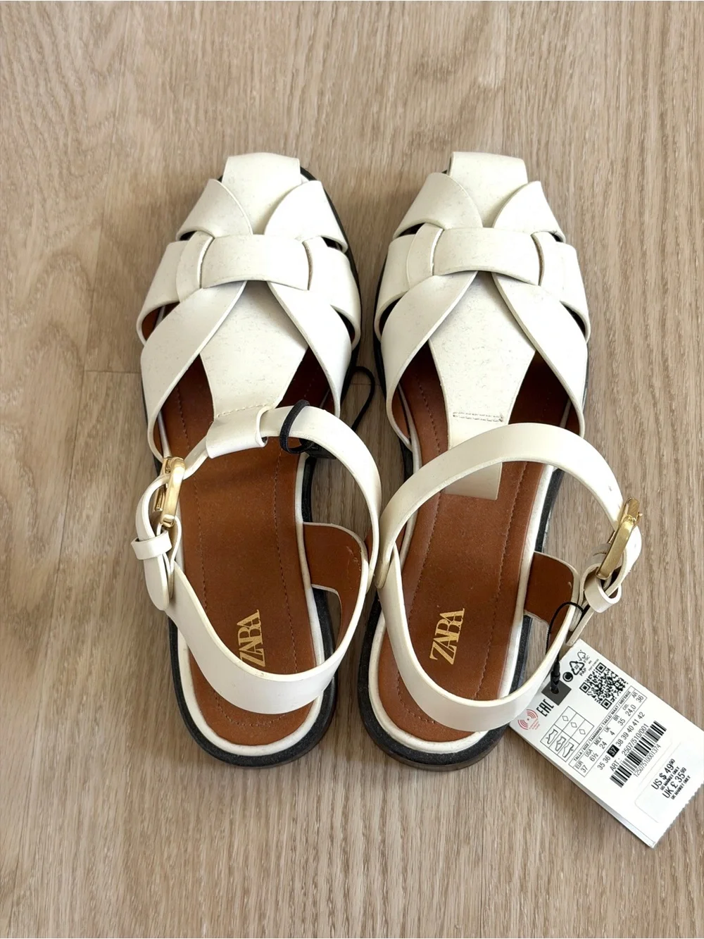 ZARA Size 37 Cream Woven Fisherman Sandals With Gold Buckle - Picture 6 of 6